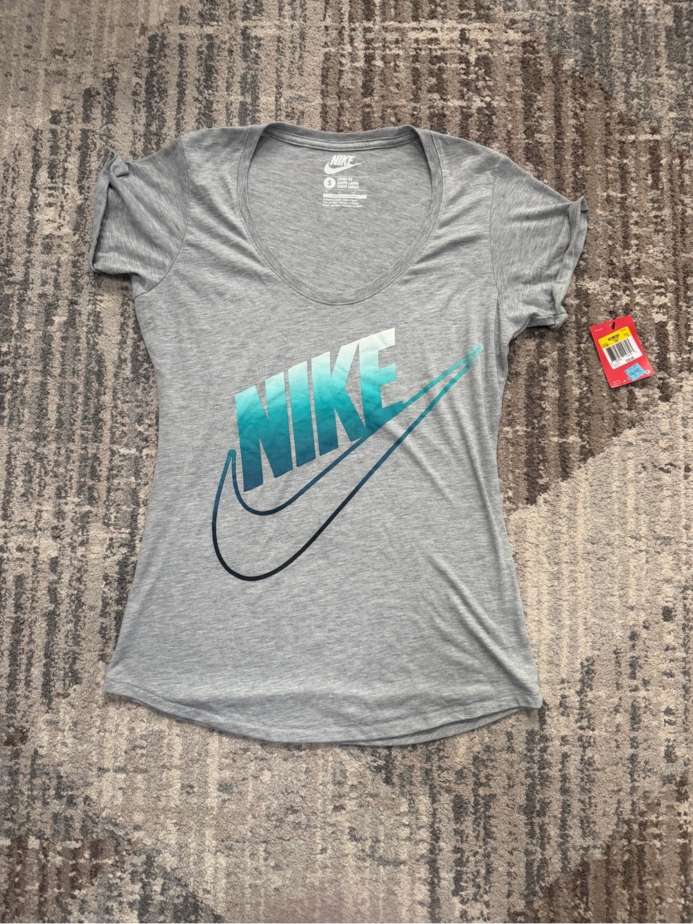 Nike Women's Gray Scoop Neck Tee with Teal Ombre Logo